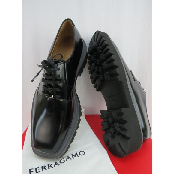 NIB FERRAGAMO FLICKER BLACK LEATHER LOGO PLATFORM LUG SOLE OXFORDS 8.5 M - Picture 11 of 16